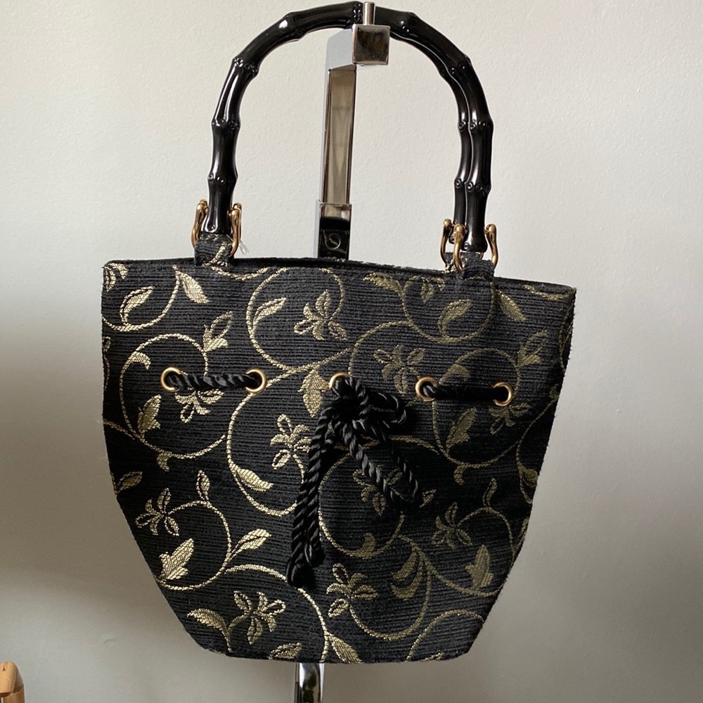 Pretty Talbot’s Fabric Bamboo Style Handle  Handbag Black & Gold NWOT